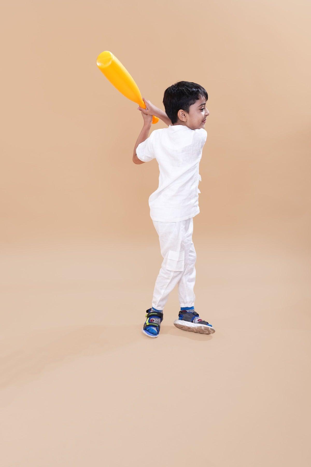 Box Pocket Pure Linen Co-ord (White Colour) - Funny Bones Clothings