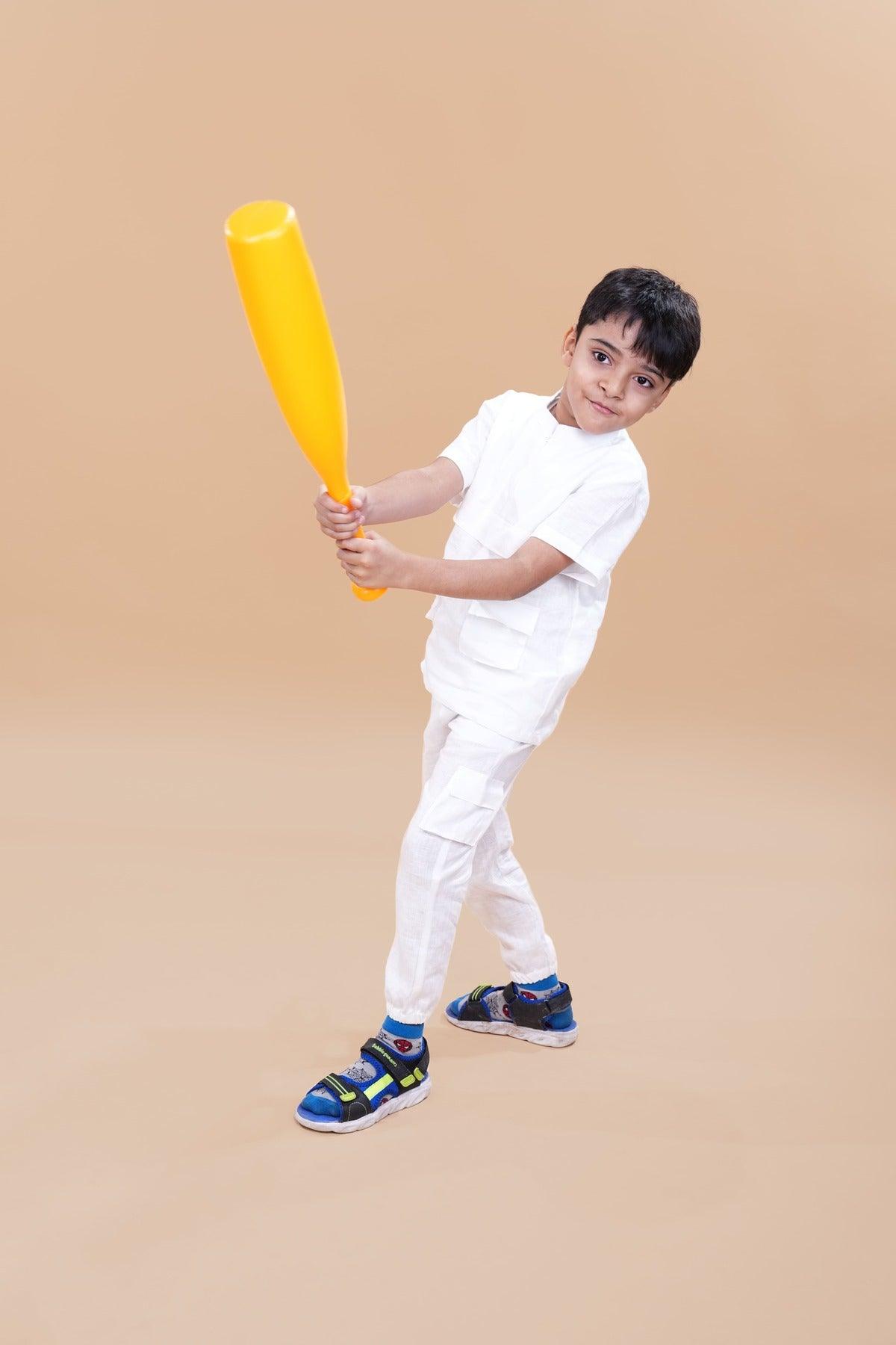 Box Pocket Pure Linen Co-ord (White Colour) - Funny Bones Clothings