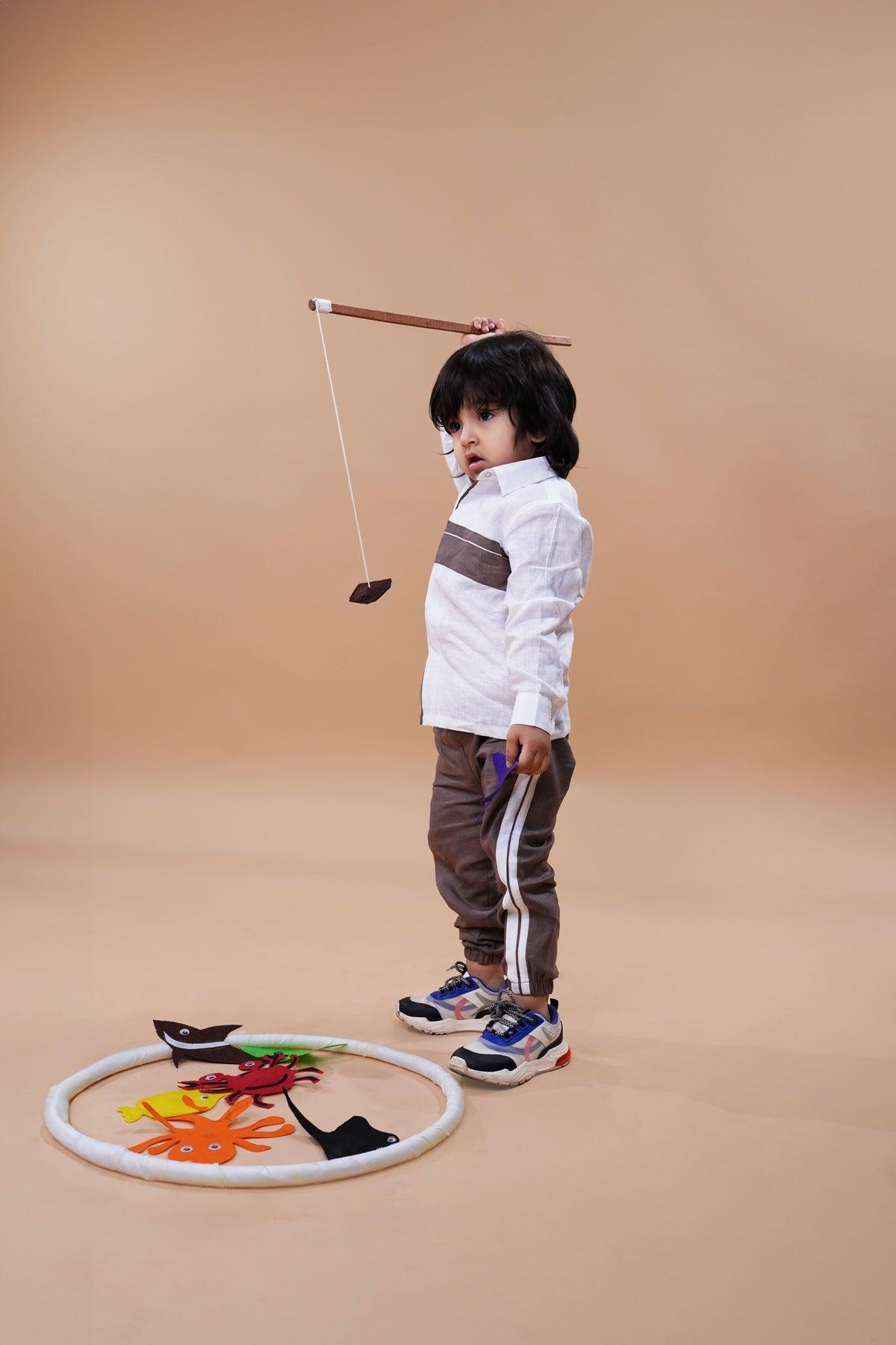 Striped Pure Linen Premium Co-ords - White - Brown - Funny Bones Clothings