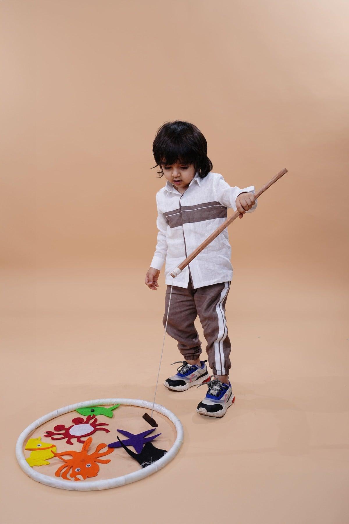 Striped Pure Linen Premium Co-ords - White - Brown - Funny Bones Clothings