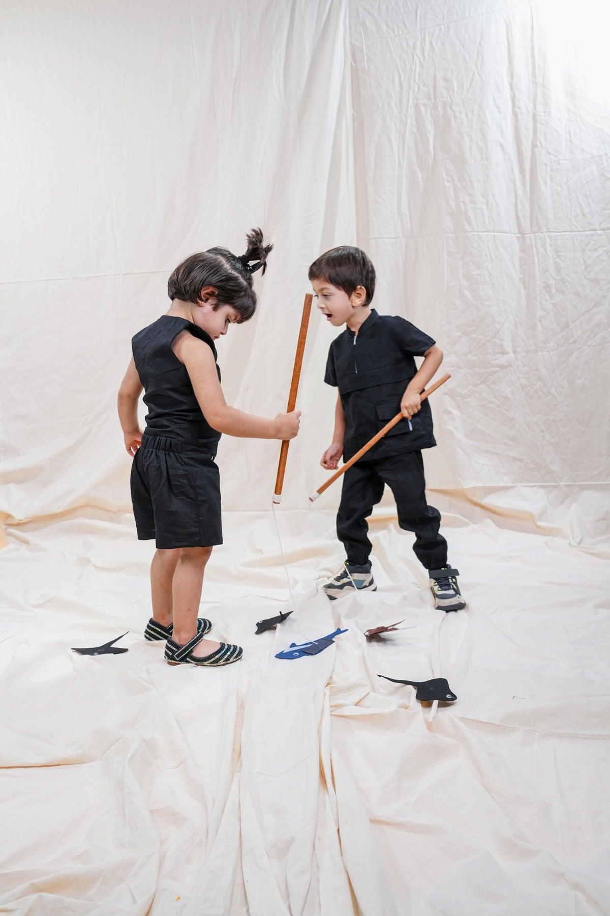 Waist Coat with Skirt Styled Shorts - Black Colour, Cotton Linen - Funny Bones Clothings