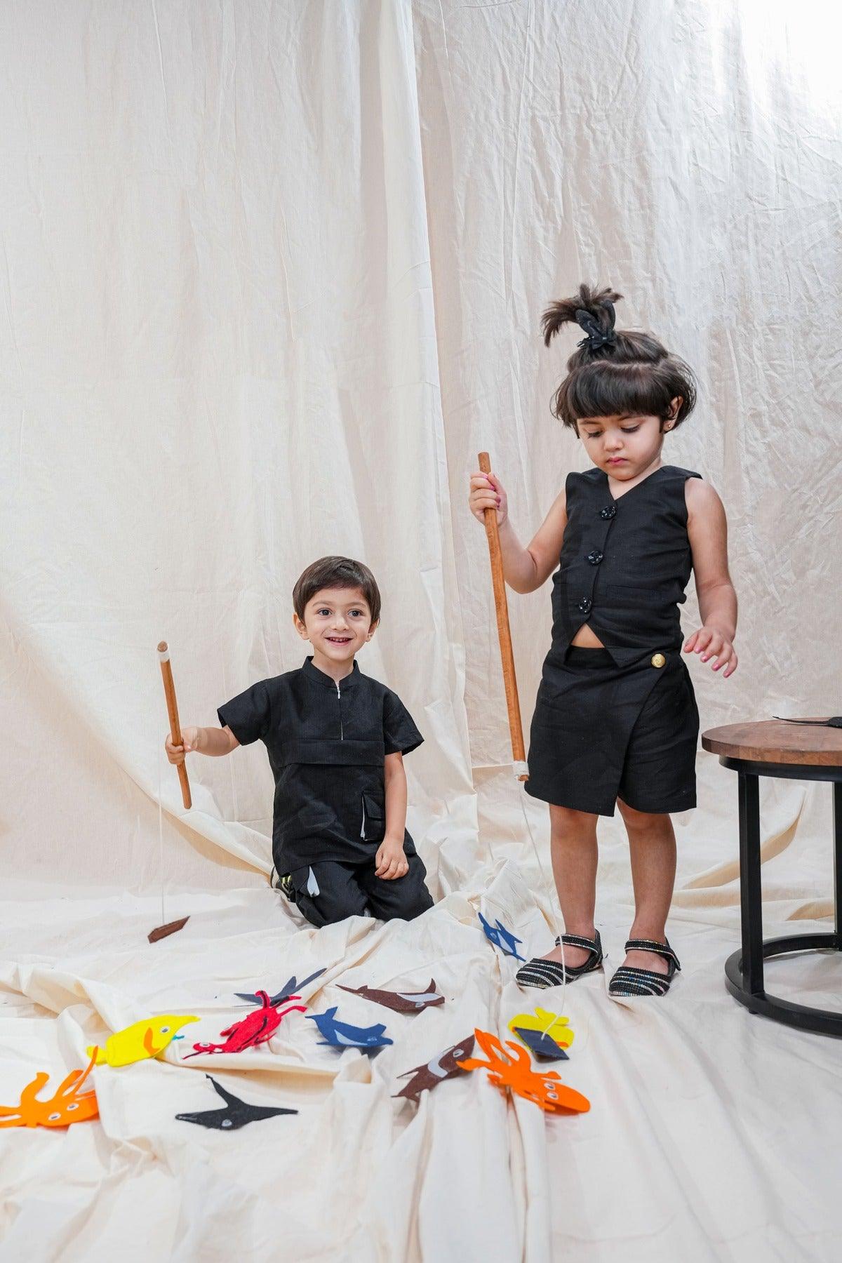 Waist Coat with Skirt Styled Shorts - Black Colour, Cotton Linen - Funny Bones Clothings