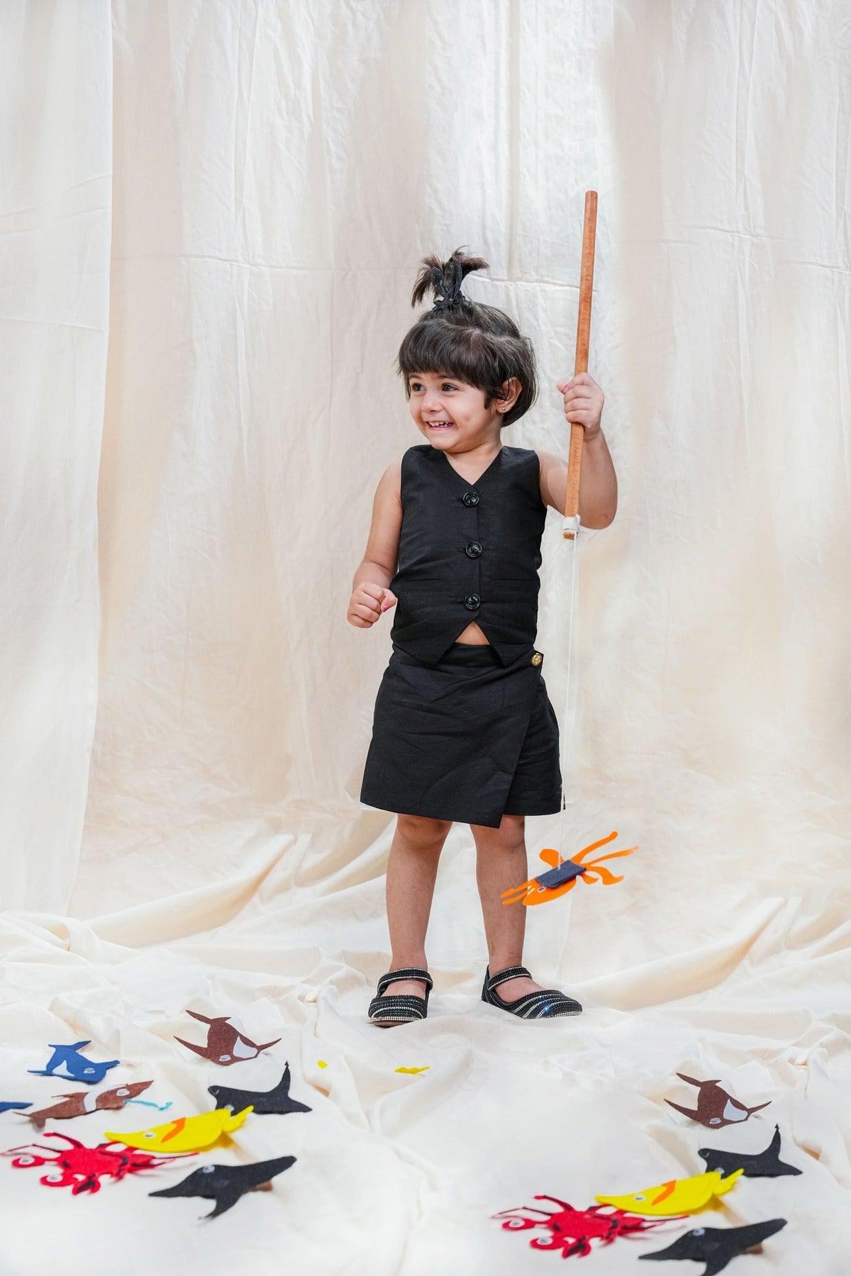 Waist Coat with Skirt Styled Shorts - Black Colour, Cotton Linen - Funny Bones Clothings