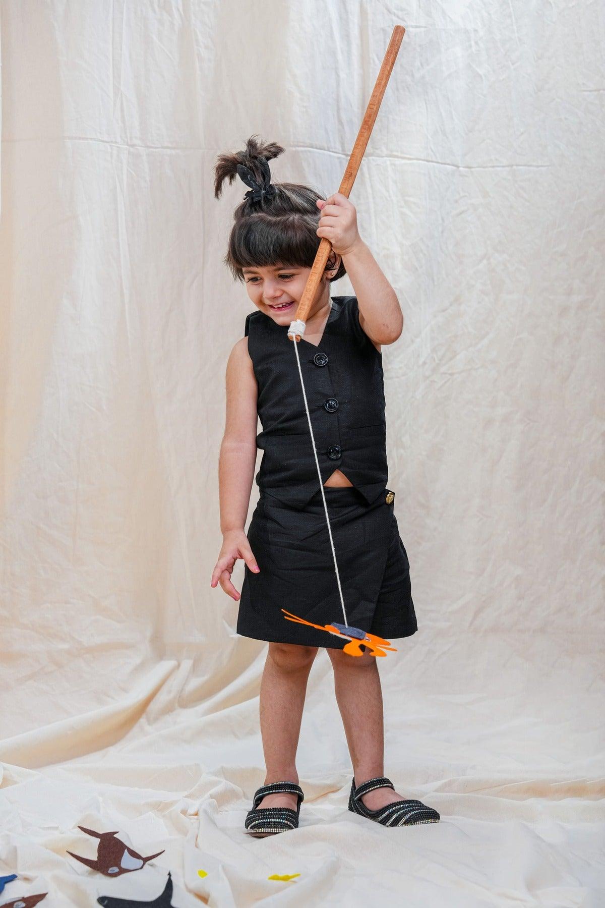 Waist Coat with Skirt Styled Shorts - Black Colour, Cotton Linen - Funny Bones Clothings