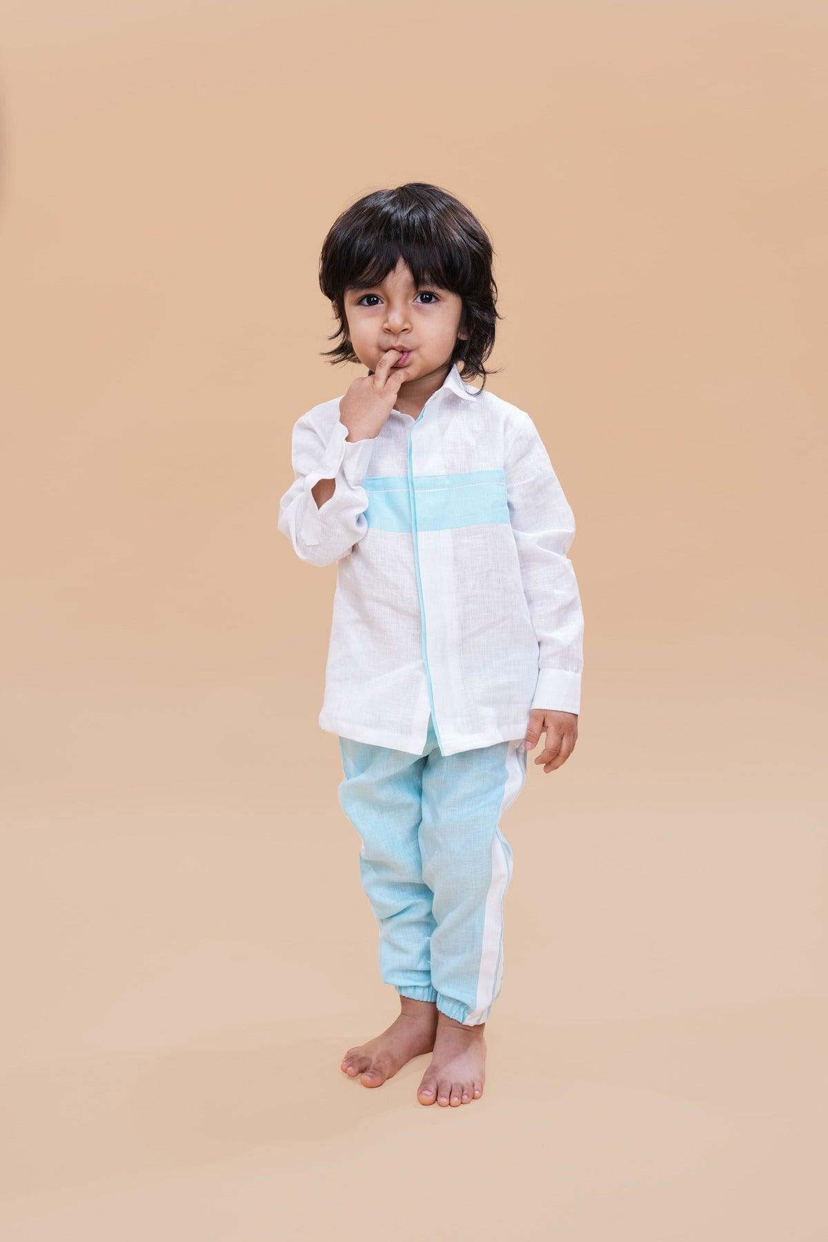 Striped Pure Linen Premium Co-ords - White - Sky Blue - Funny Bones Clothings