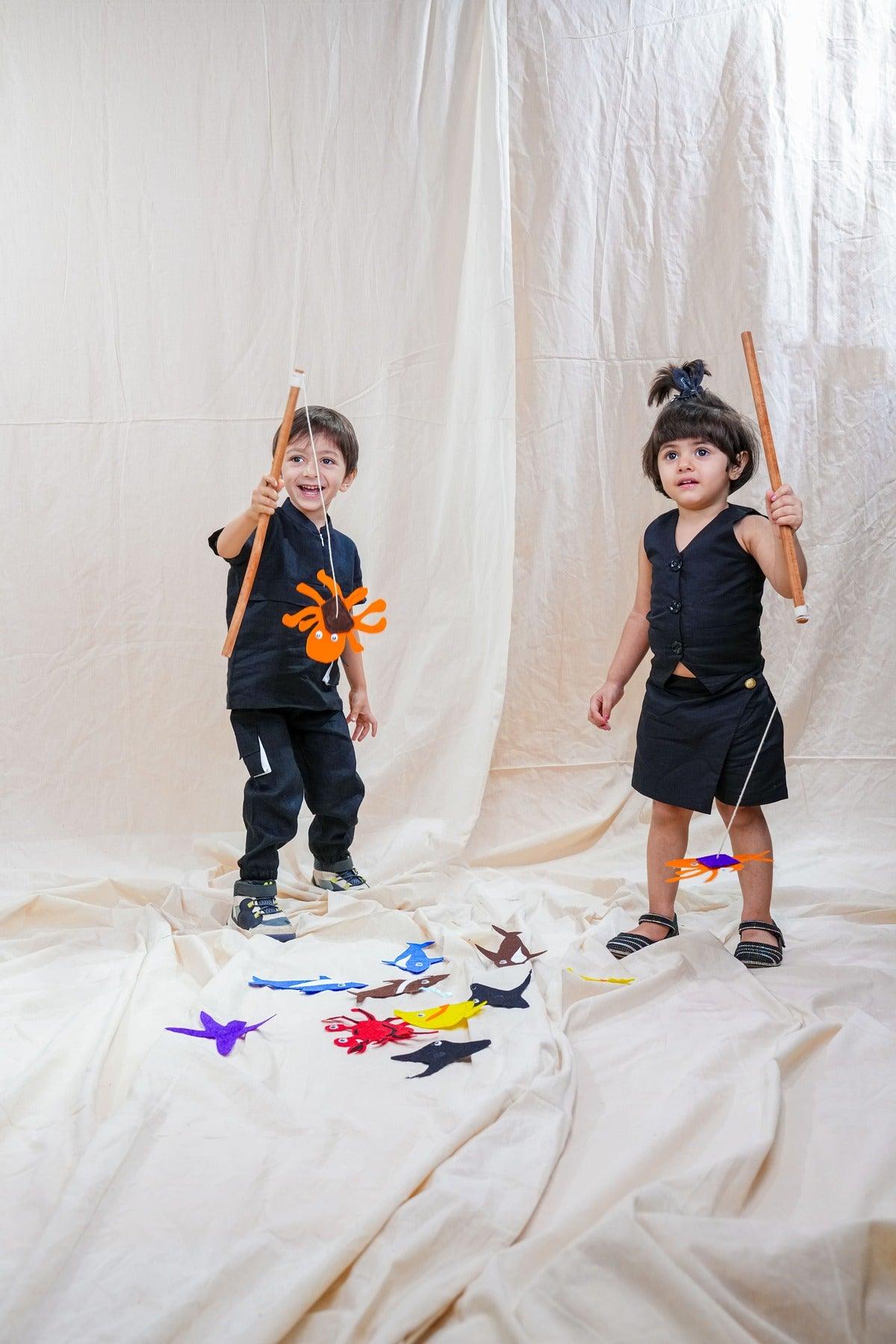 Waist Coat with Skirt Styled Shorts - Black Colour, Cotton Linen - Funny Bones Clothings