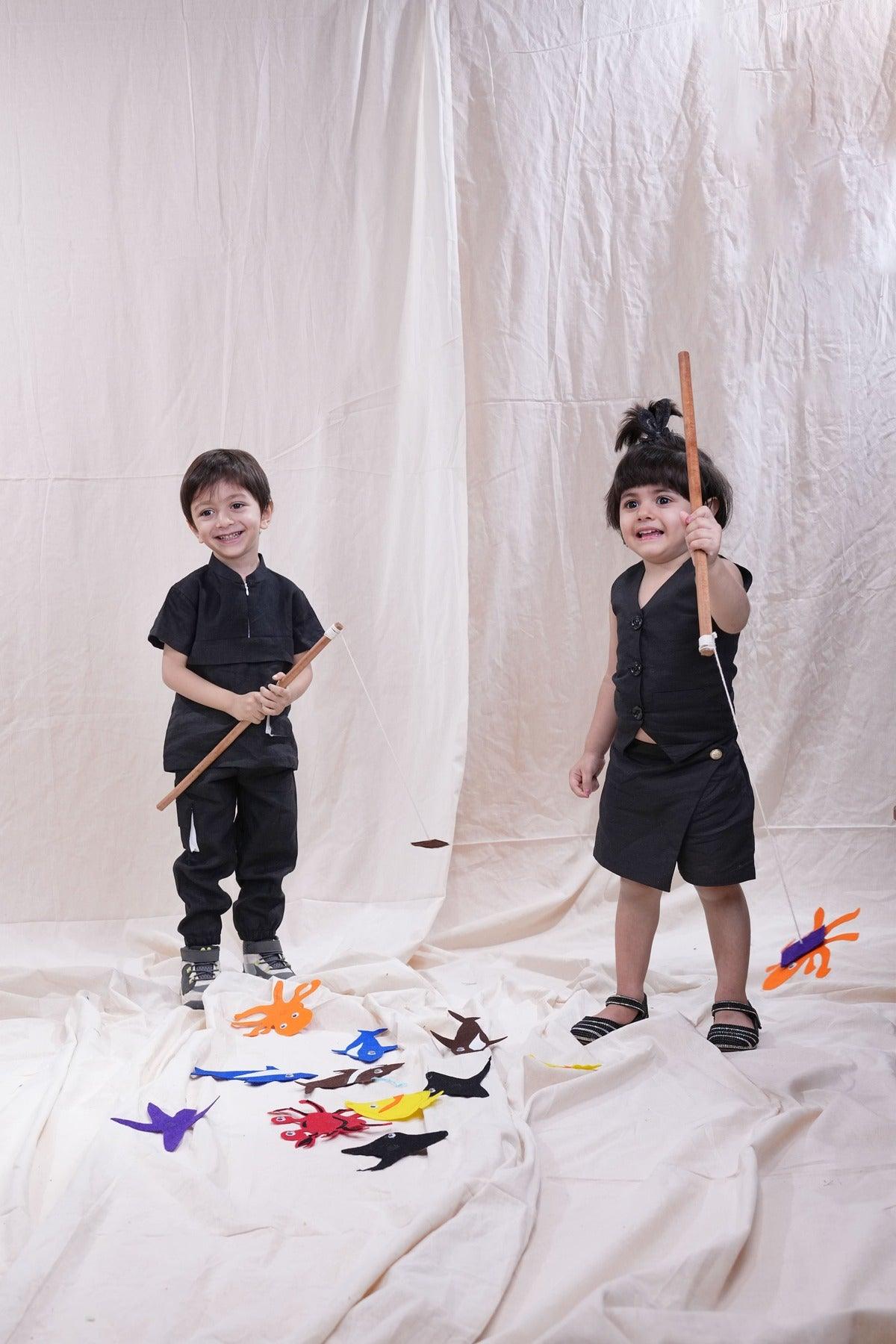 Box Styled Pocketed Pure Linen Black Coord - Funny Bones Clothings