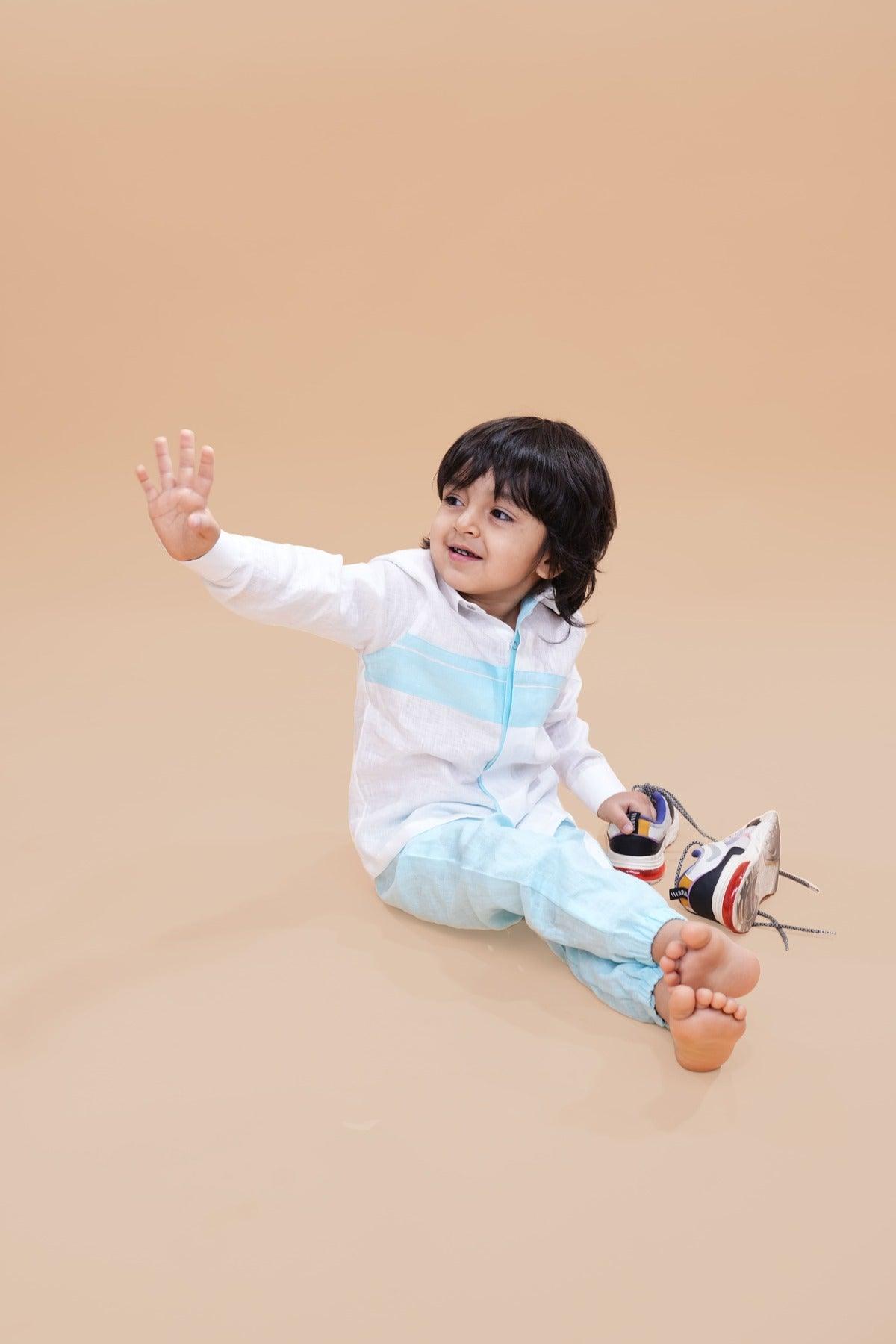 Striped Pure Linen Premium Co-ords - White - Sky Blue - Funny Bones Clothings