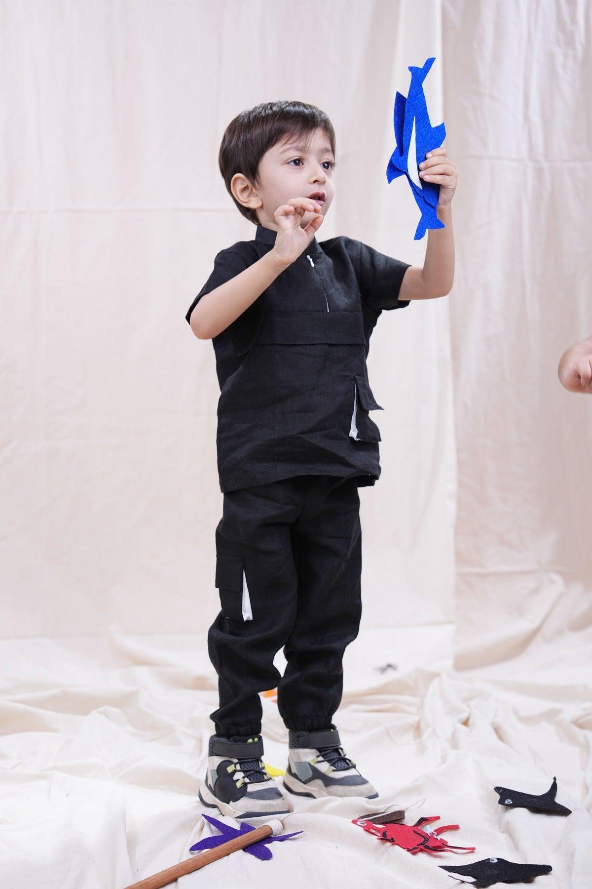 Box Styled Pocketed Pure Linen Black Coord - Funny Bones Clothings