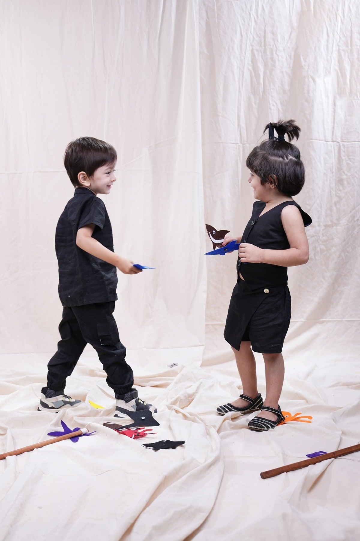 Unique Box Style Pure Linen Co-ord (Black Colour) - Funny Bones Clothings