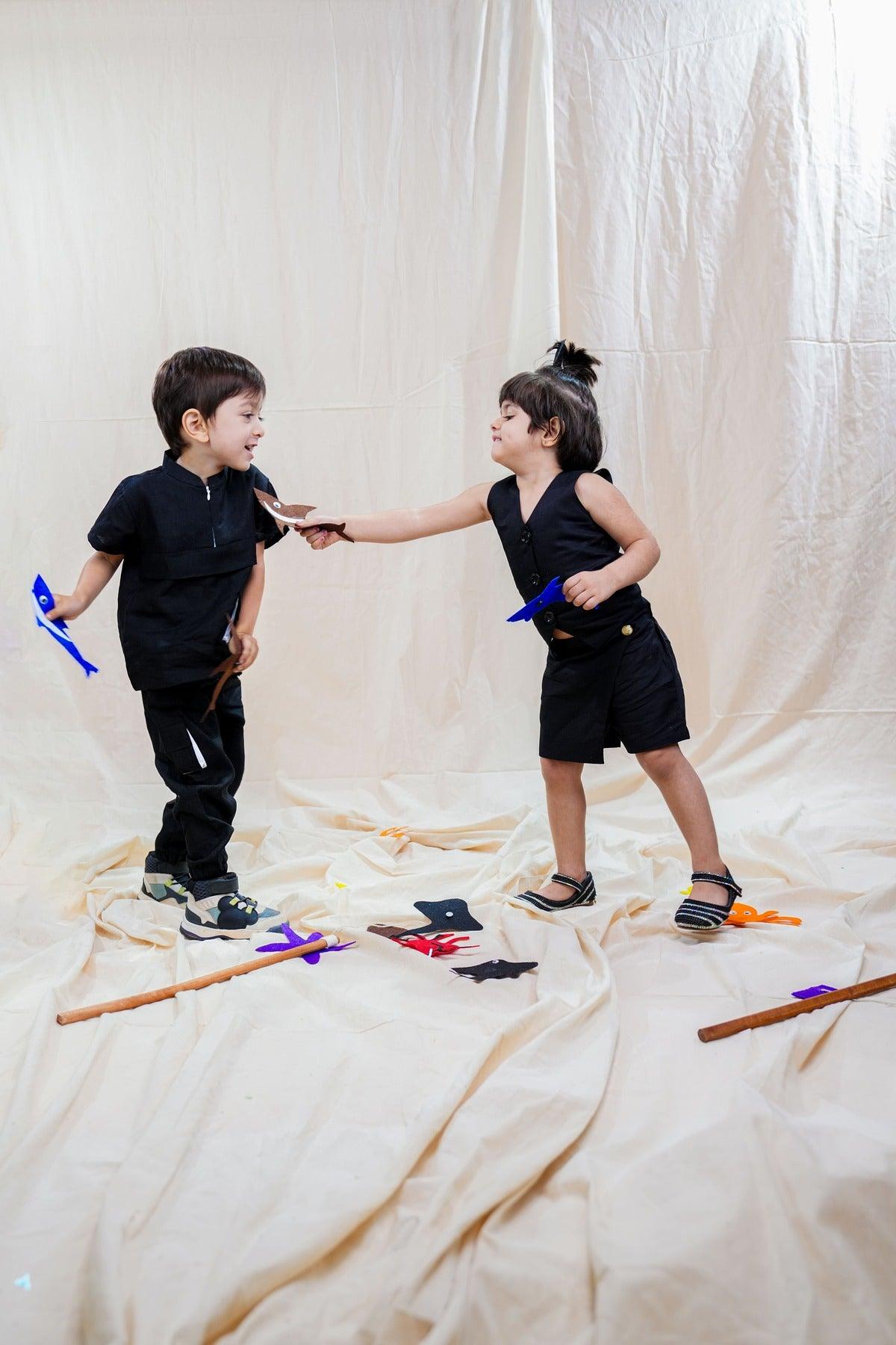 Waist Coat with Skirt Styled Shorts - Black Colour, Cotton Linen - Funny Bones Clothings