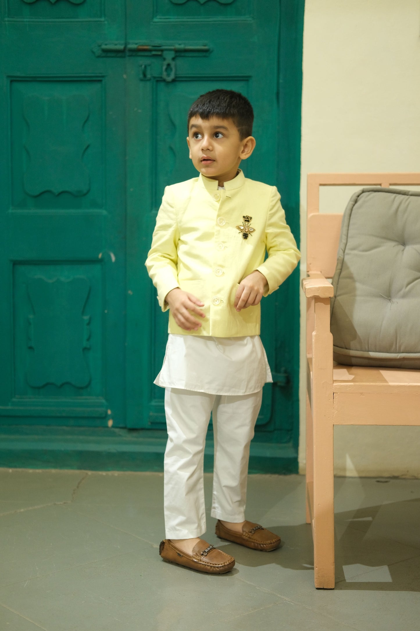 Regal Hive themed Handwork Pure Linen Bandgala Pure Cotton Kurta Pajama Set Set