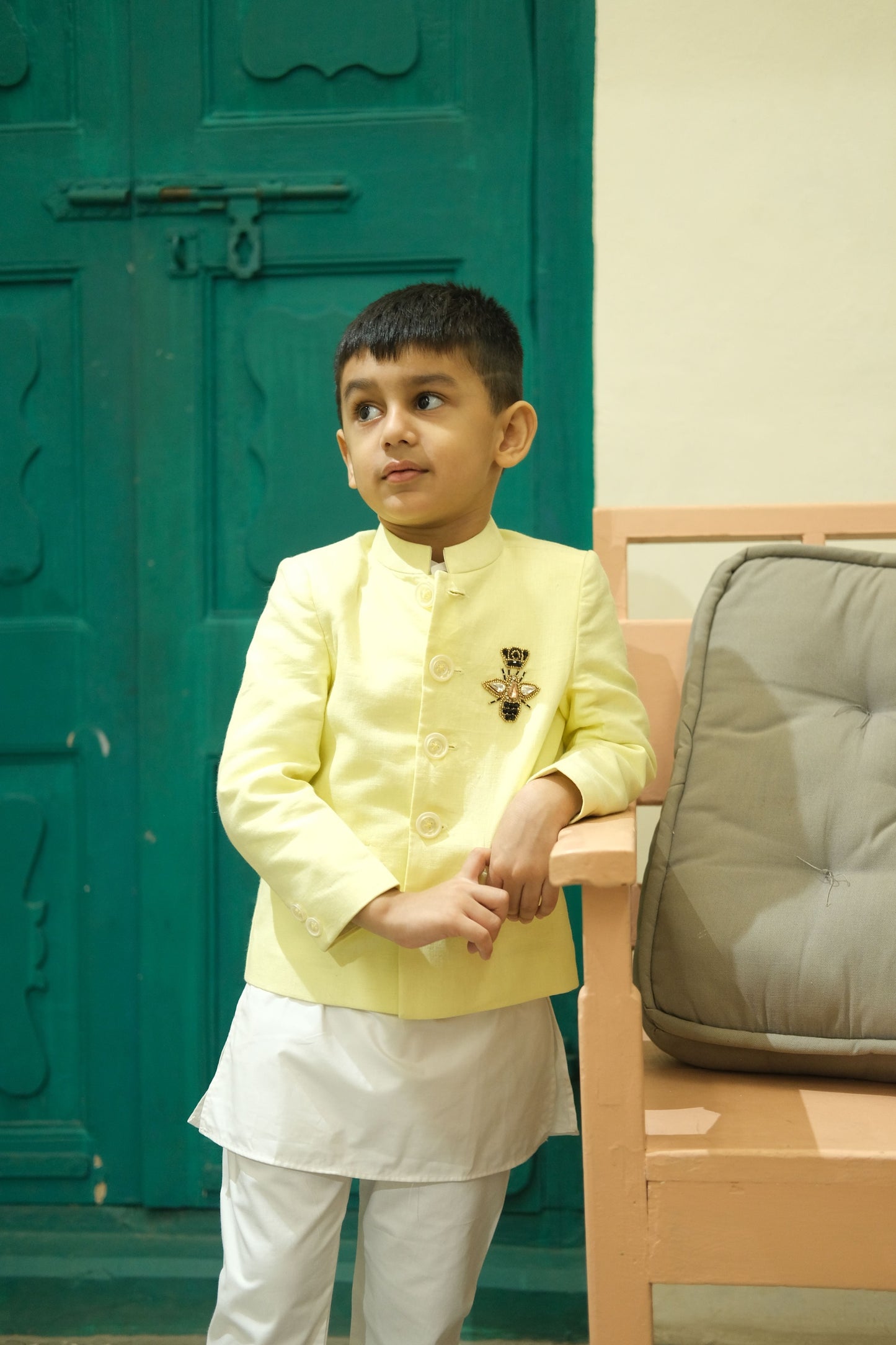 Regal Hive themed Handwork Pure Linen Bandgala Pure Cotton Kurta Pajama Set Set