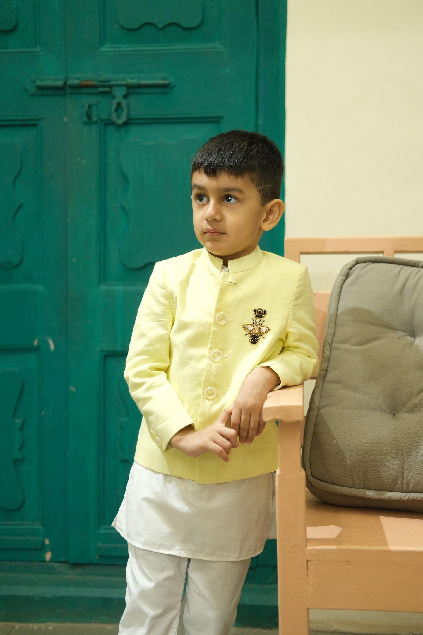 Regal Hive themed Handwork Pure Linen Bandgala Pure Cotton Kurta Pajama Set Set