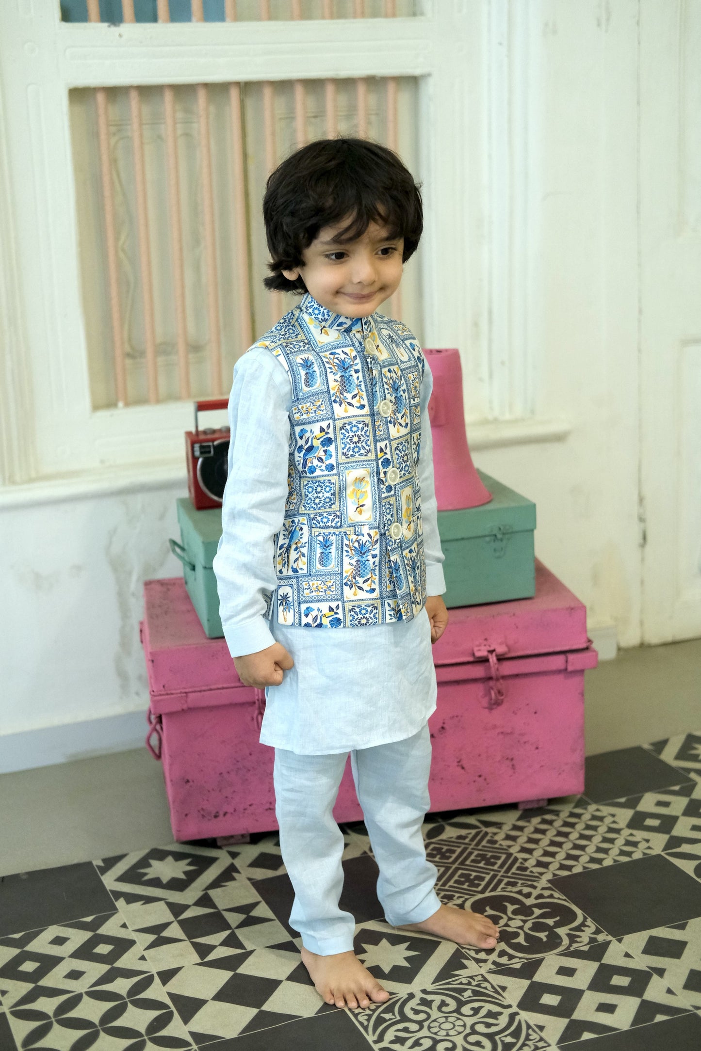 The Tropical Print Pure Satin Koti Pure Linen Kurta Pajama Set