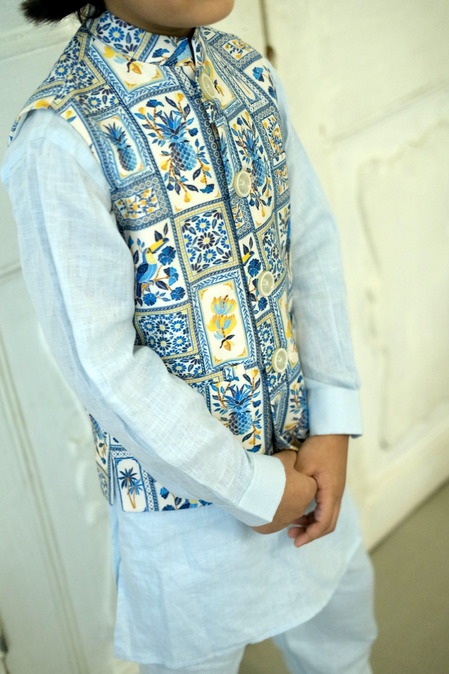 The Tropical Print Pure Satin Koti Pure Linen Kurta Pajama Set