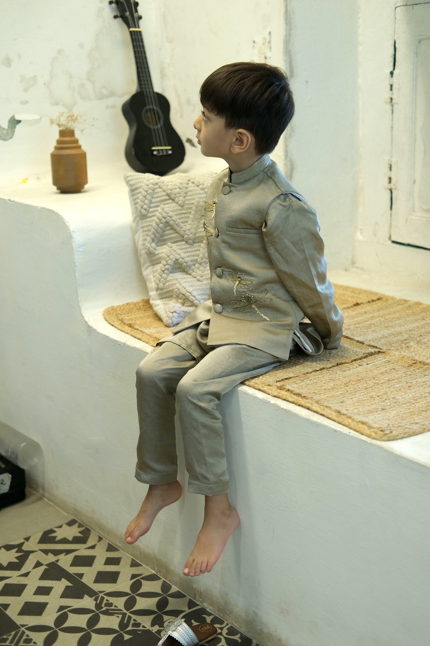 Glowing Dragon Fly Handwork Pure Silk Koti Kurta Pajama Set