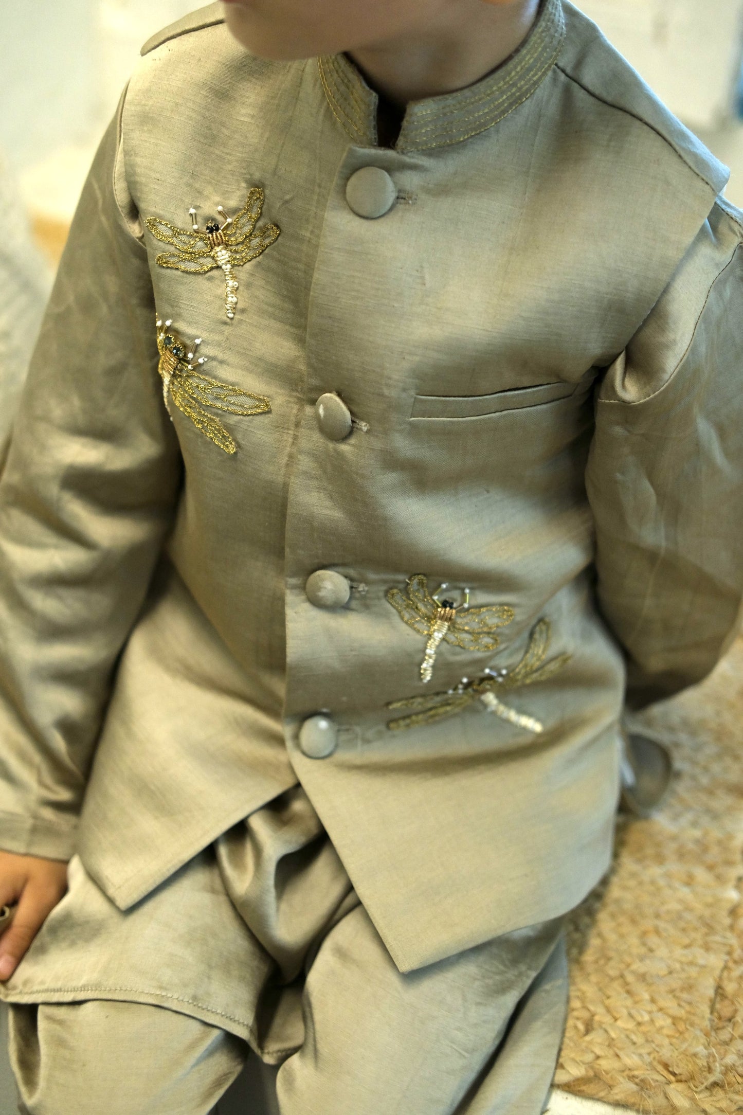 Glowing Dragon Fly Handwork Pure Silk Koti Kurta Pajama Set