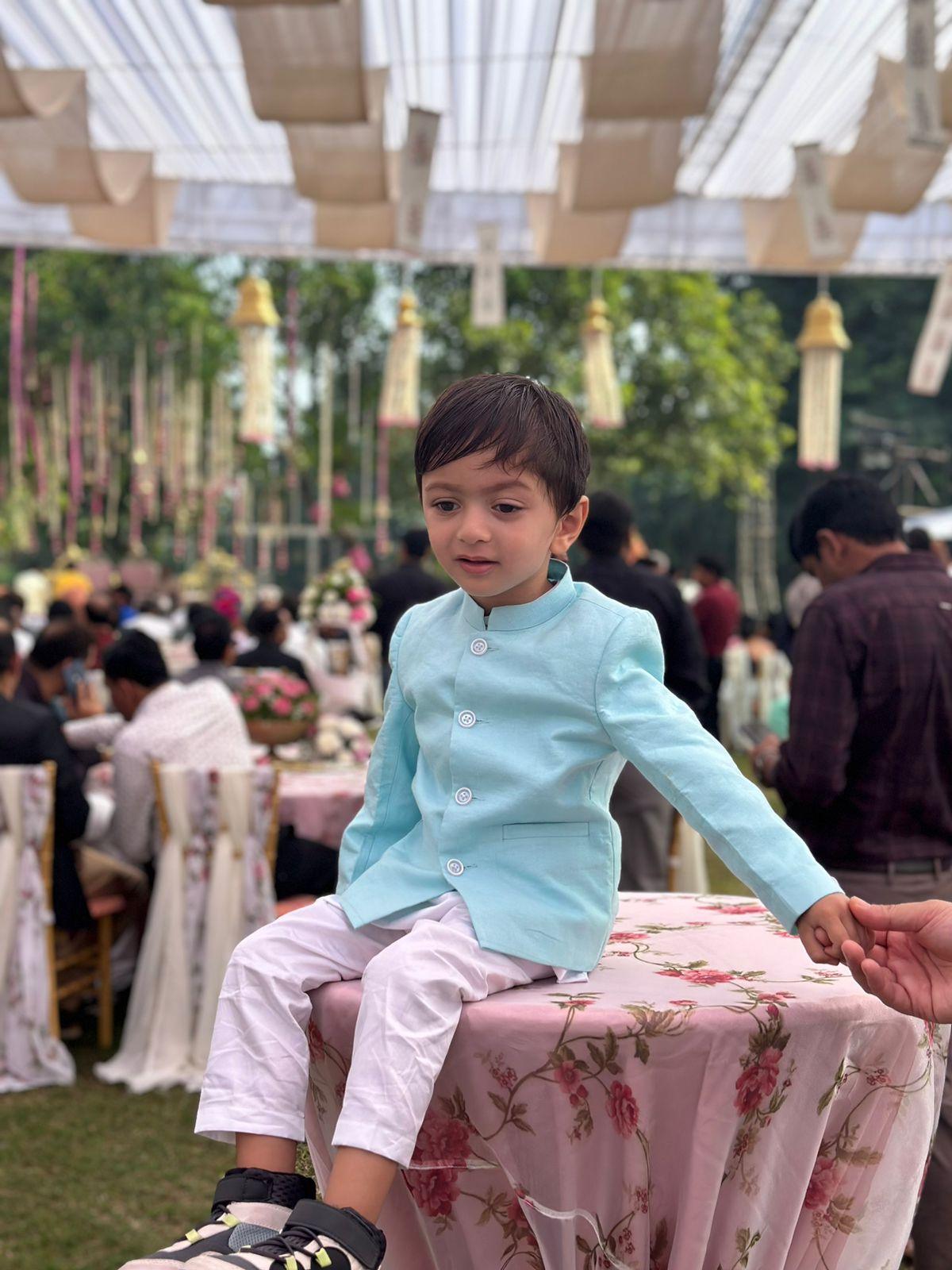 Solid Sky Blue Pure Linen Bandgala Blazer with White Kurta Pajama Set - Funny Bones Clothings