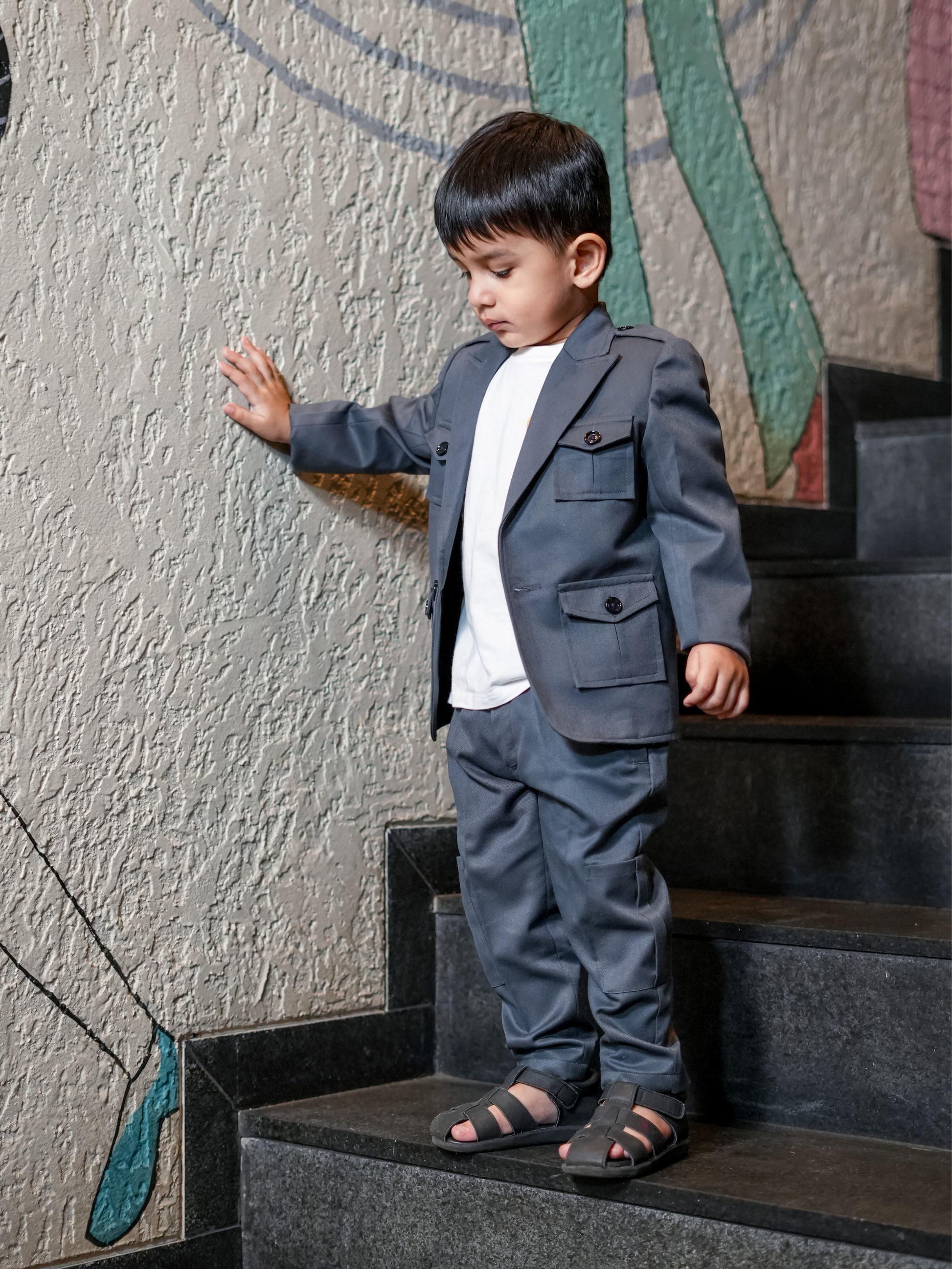 Korean Themed Multi Pocket Causual Blazer Set ( Charcoal Grey) - Funny Bones Clothings