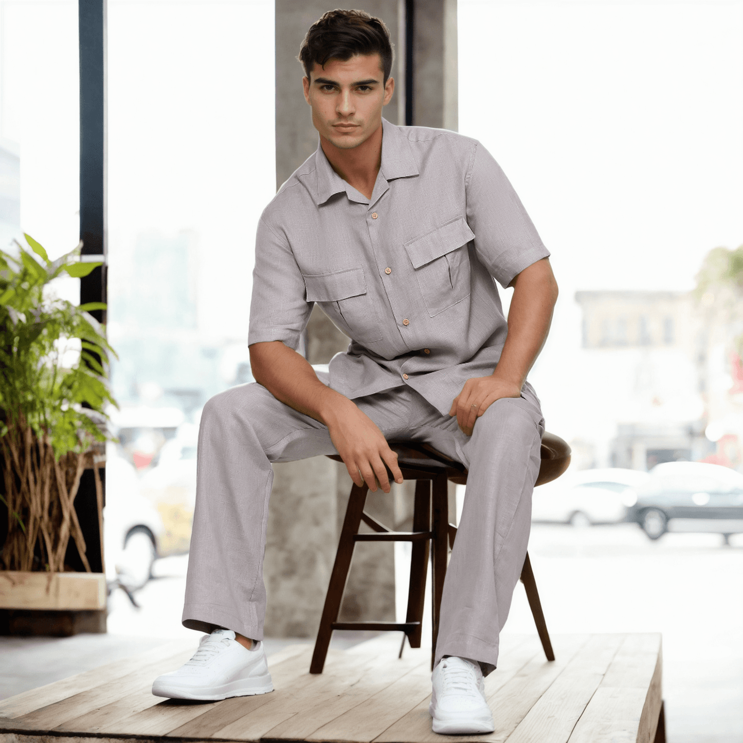 Solid Colour Pure Linen Co-ord Sets - Light Grey - Funny Bones Clothings