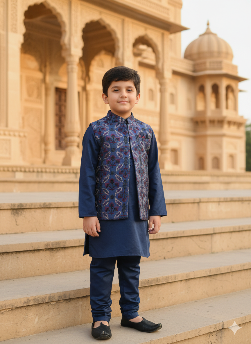 Threaded Blossom Embriodered Silk Koti Pure Cotton Kurta Pajama Set - Blue