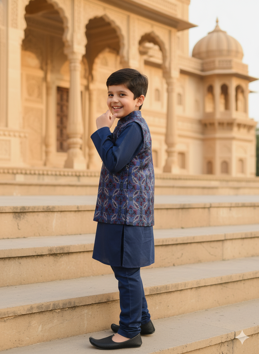 Threaded Blossom Embriodered Silk Koti Pure Cotton Kurta Pajama Set - Blue