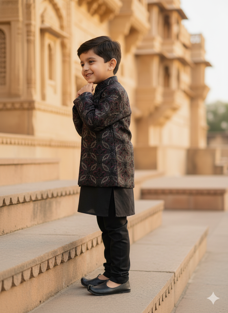 Threaded Blossom Embriodered Silk Open Jodhpuri  Pure Cotton Kurta Pajama Set -  Black