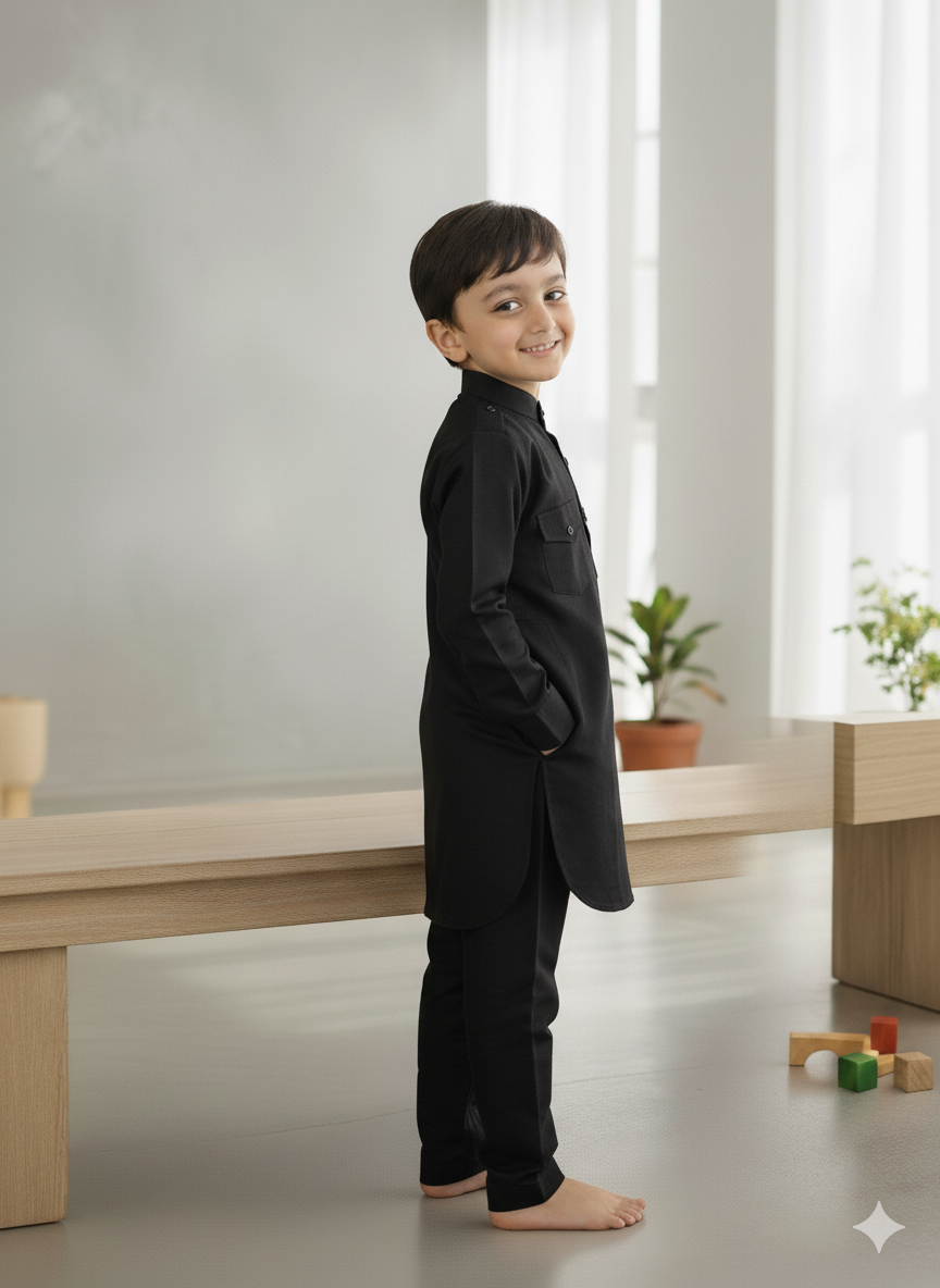 Solid Metallic Black Pure Cotton Pathani Set