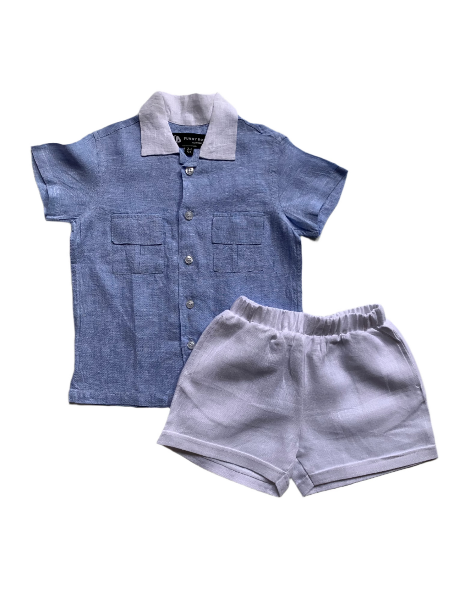 Classic Unisex Blue White Collared Shirt & White Shorts Set - Funny Bones Clothings