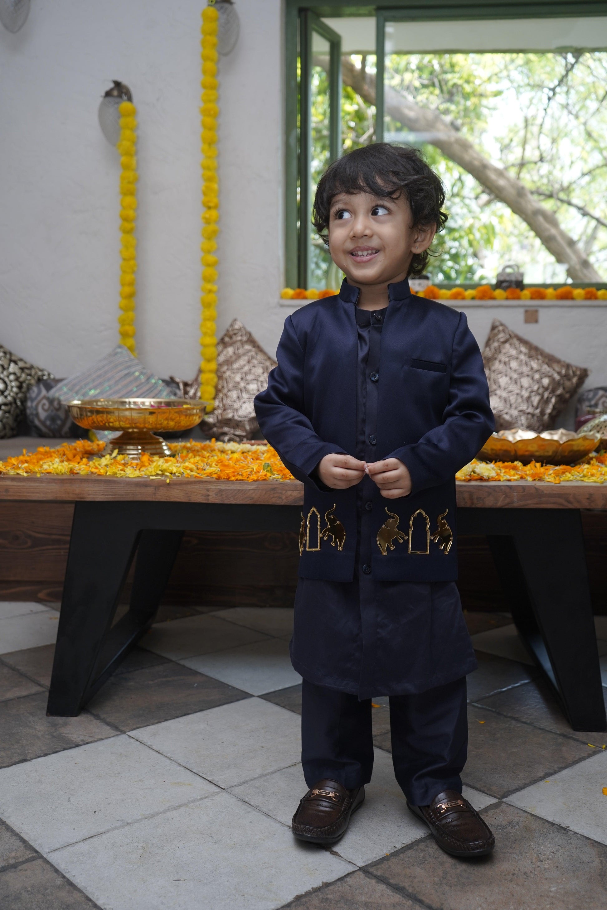 Royal Elephant Work Premium Satin Jodhpuri Open Jacket with Kurta Pajama Set - Funny Bones Clothings