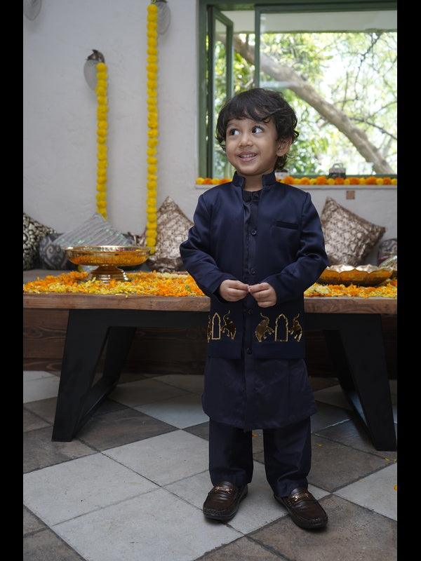 Royal Elephant Work Premium Satin Jodhpuri Open Jacket with Kurta Pajama Set - Dark Blue Color - Funny Bones Clothings