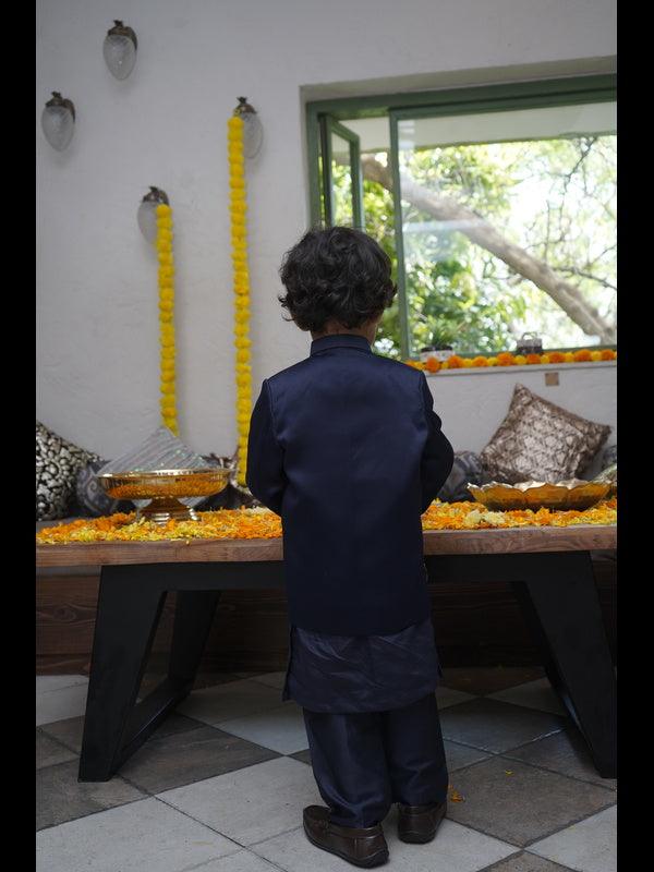 Royal Elephant Work Premium Satin Jodhpuri Open Jacket with Kurta Pajama Set - Dark Blue Color - Funny Bones Clothings