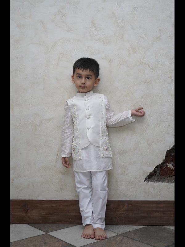 Pearls embedded Waterlife Pure Muslin Silk Koti Kurta Pajama Set - Off White Color - Funny Bones Clothings