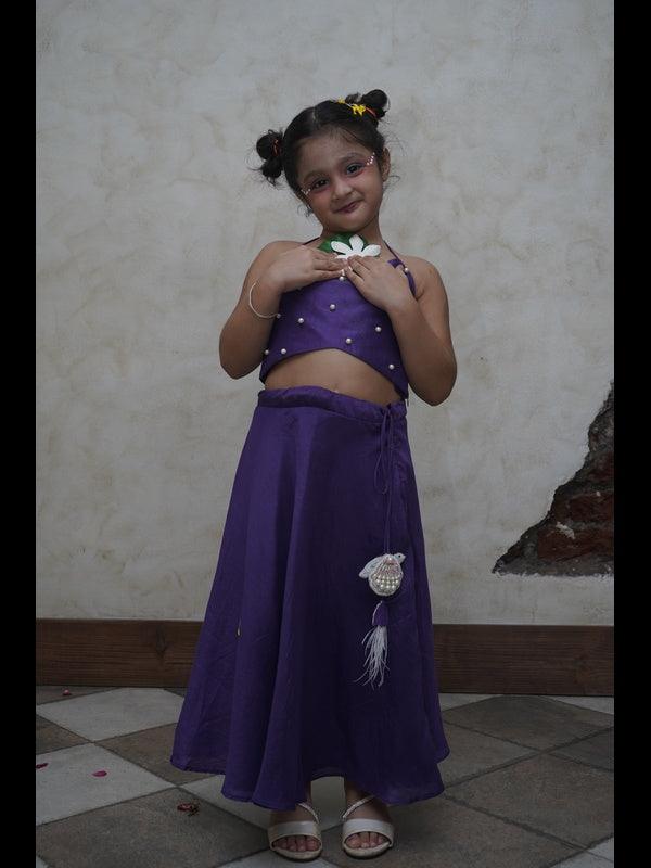 Pearls embedded Waterlife Handwork Pure Muslin Silk Top & Skirt Set - Purple Color - Funny Bones Clothings