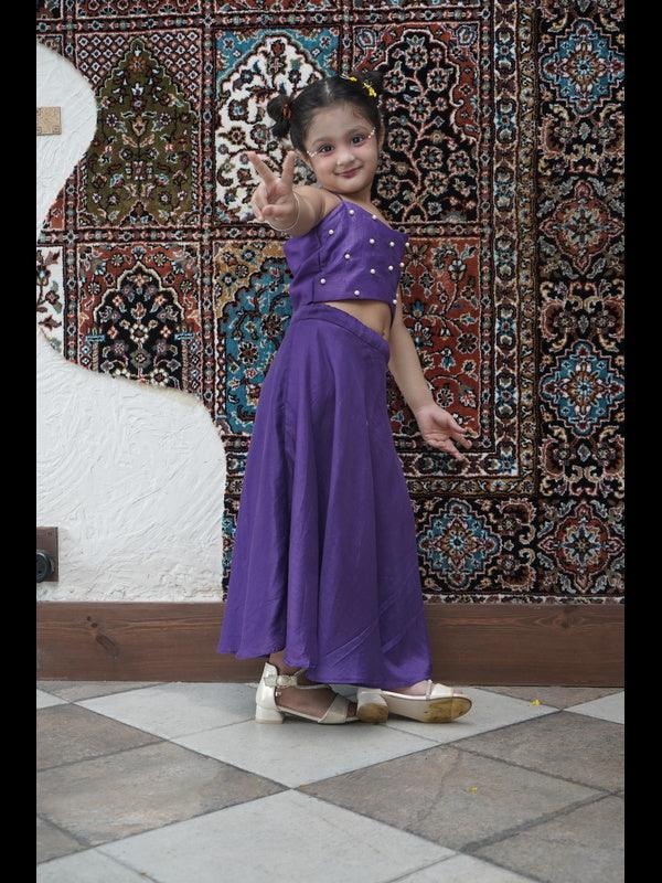 Pearls embedded Waterlife Handwork Pure Muslin Silk Top & Skirt Set - Purple Color - Funny Bones Clothings