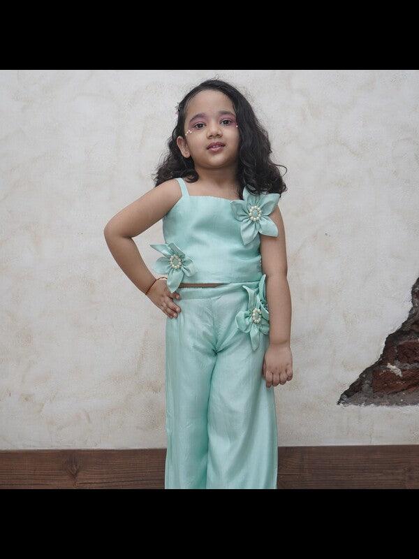 Pearl Embeded Sunflower Pure Organza Top Plazzo Set - Mint Green Color - Funny Bones Clothings