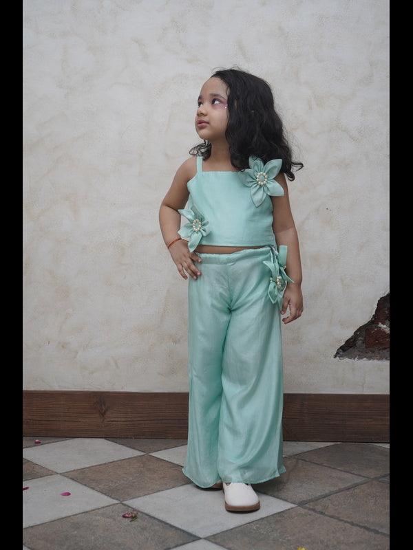 Pearl Embeded Sunflower Pure Organza Top Plazzo Set - Mint Green Color - Funny Bones Clothings