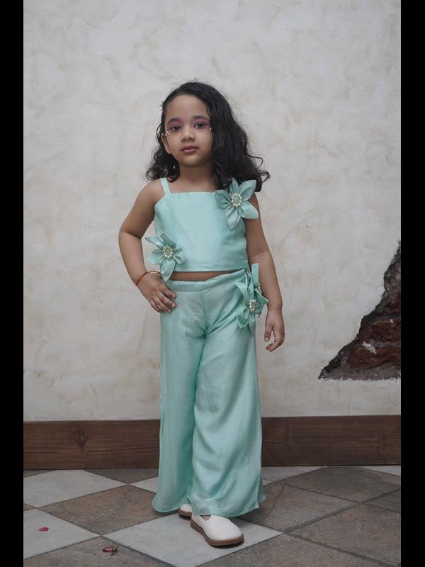 Pearl Embeded Sunflower Pure Organza Top Plazzo Set - Mint Green Color - Funny Bones Clothings