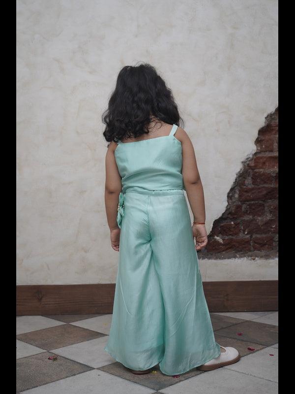 Pearl Embeded Sunflower Pure Organza Top Plazzo Set - Mint Green Color - Funny Bones Clothings