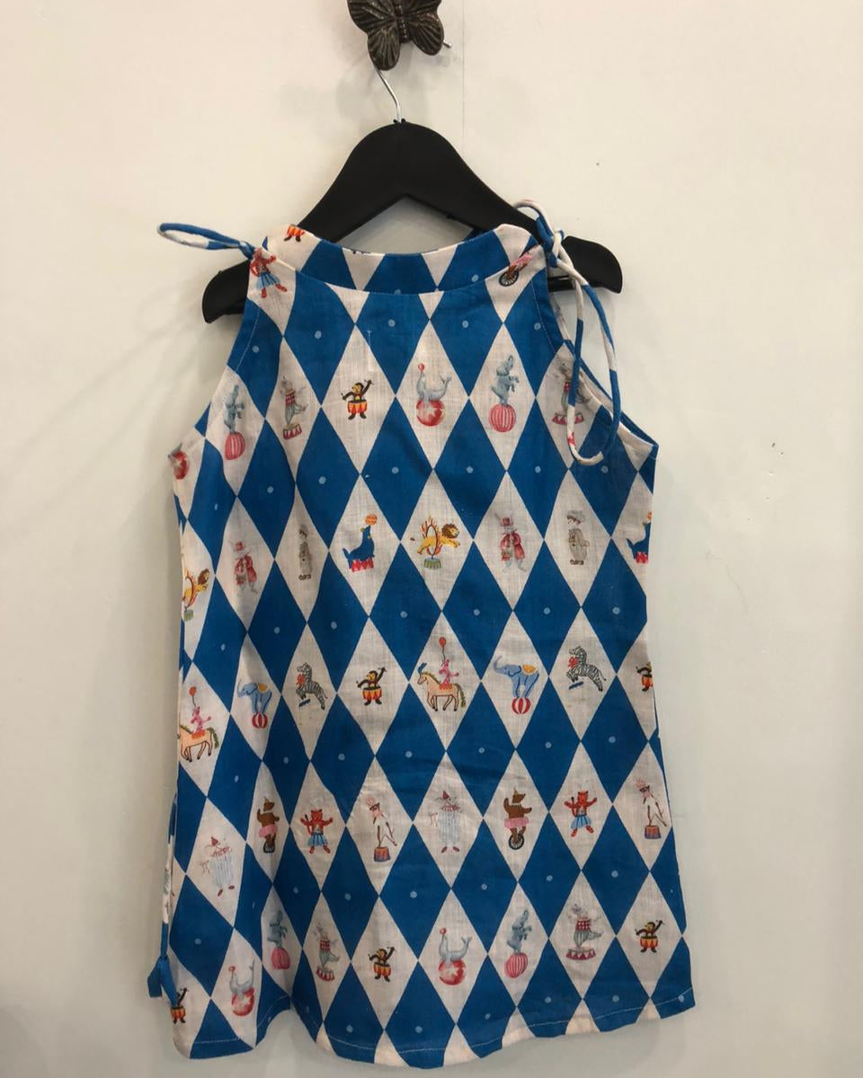 Vintage Circus Harlequin Print Premium Linen Dress