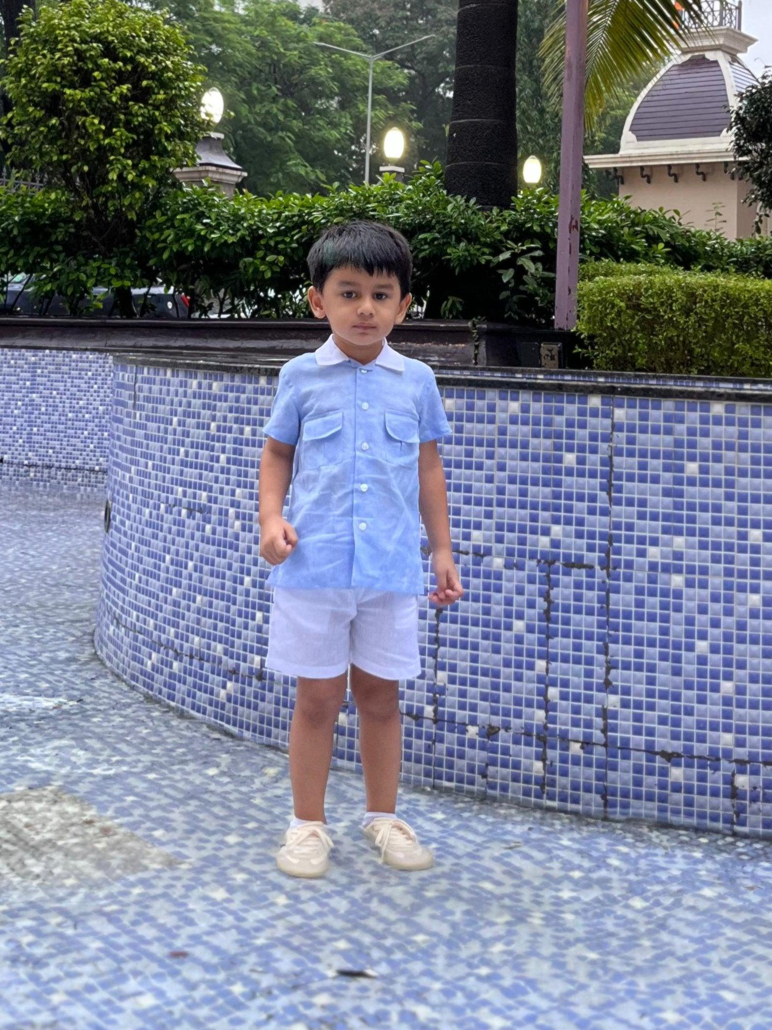 Classic Unisex Blue White Collared Shirt & White Shorts Set - Funny Bones Clothings