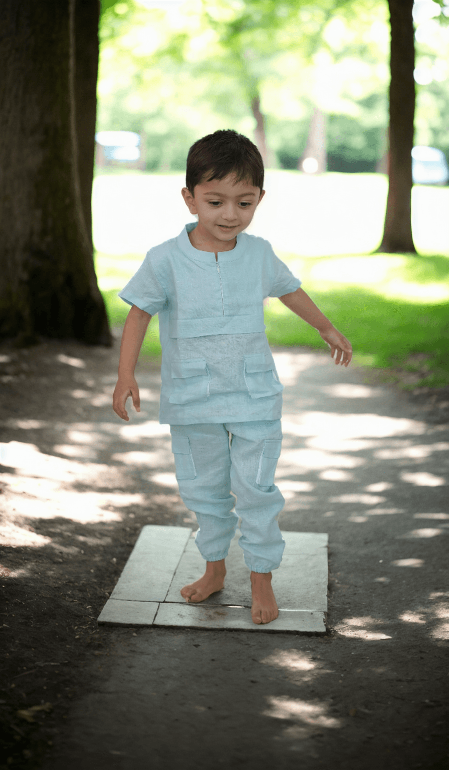 Box Pleated Pure Linen Premium Co-ords - Sky Blue - Funny Bones Clothings