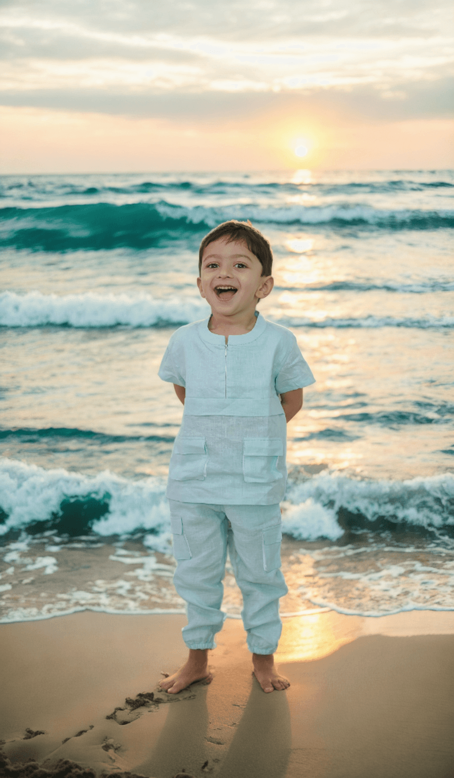 Box Pleated Sky Blue Color Shirt Linen