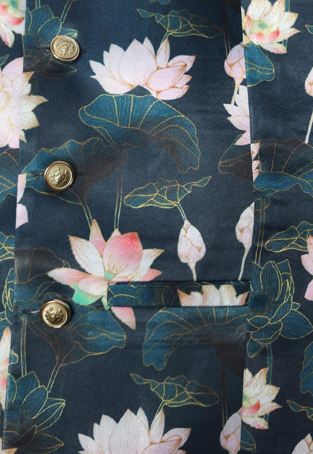 Lotus Printed Satin Bandgala Blazer Set - Funny Bones Clothings