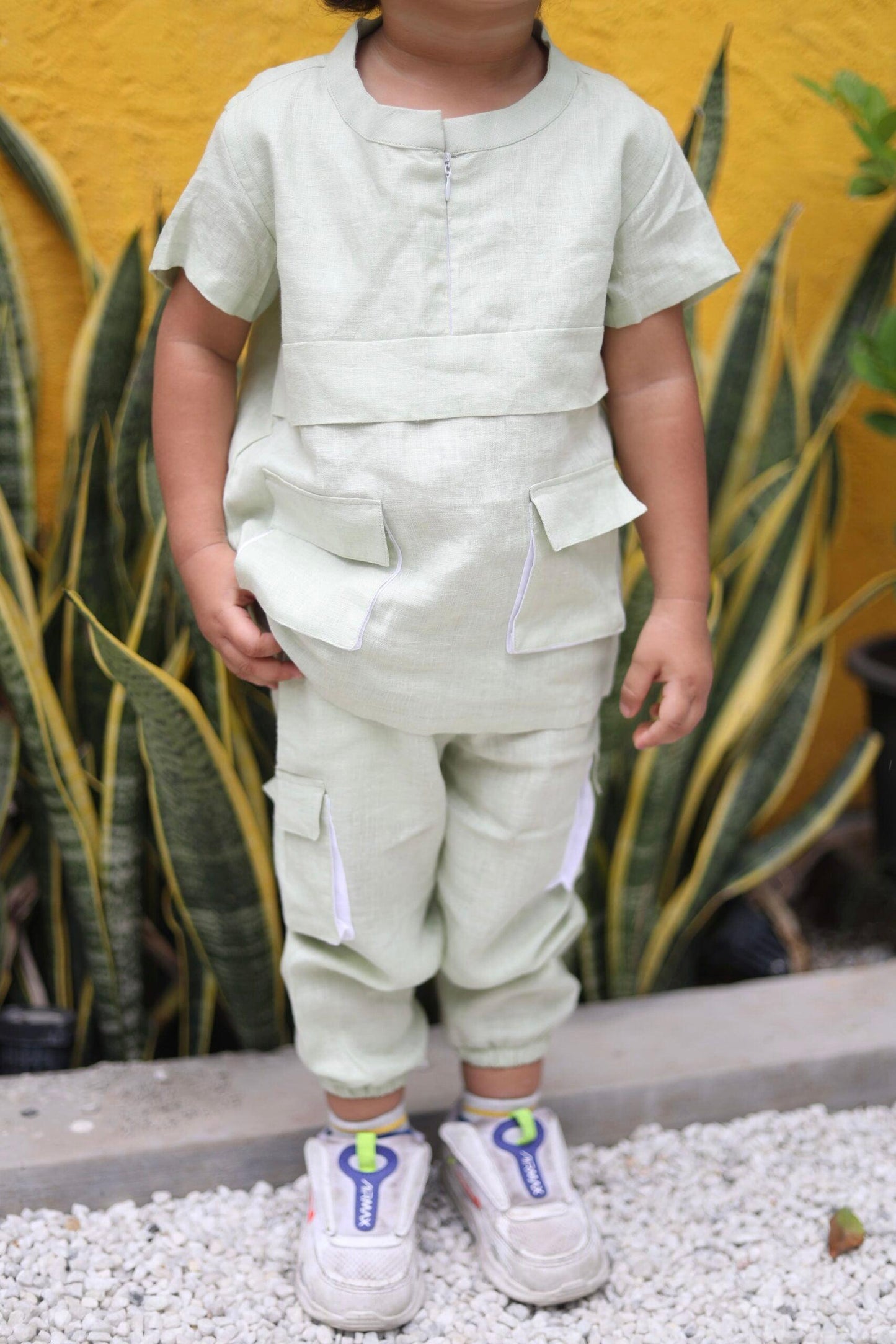 Box Pleated Pure Linen Premium Co-ords - Green - Funny Bones Clothings