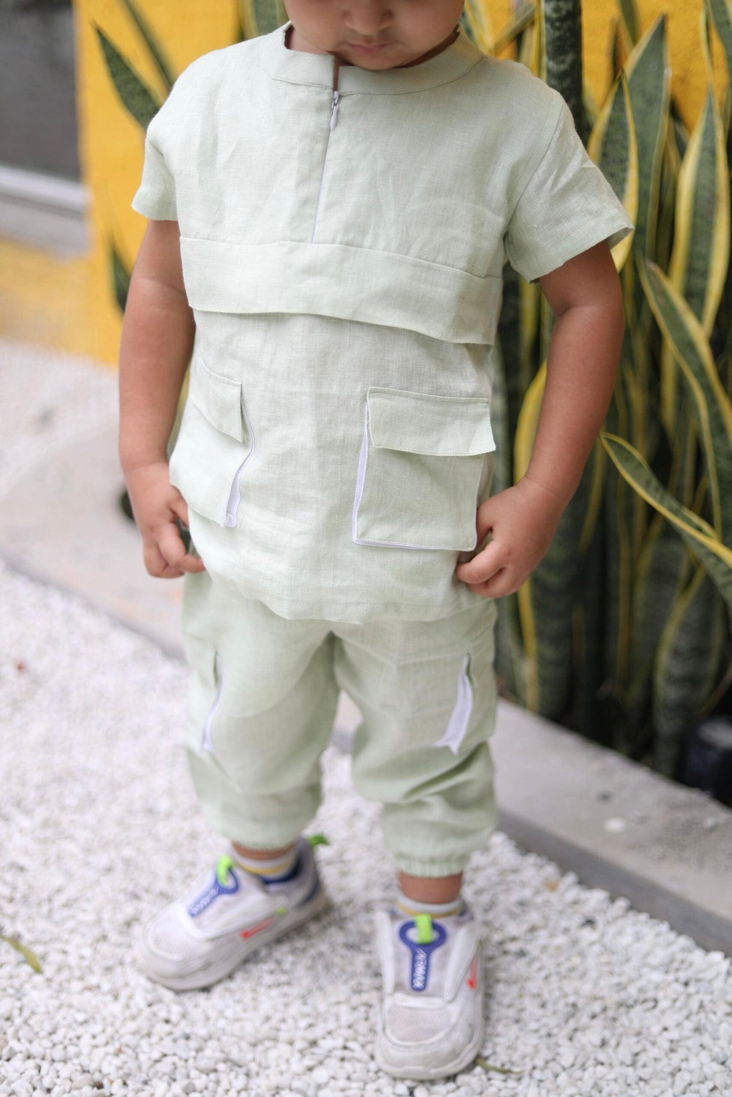 Box Pleated Pure Linen Premium Co-ords - Green - Funny Bones Clothings