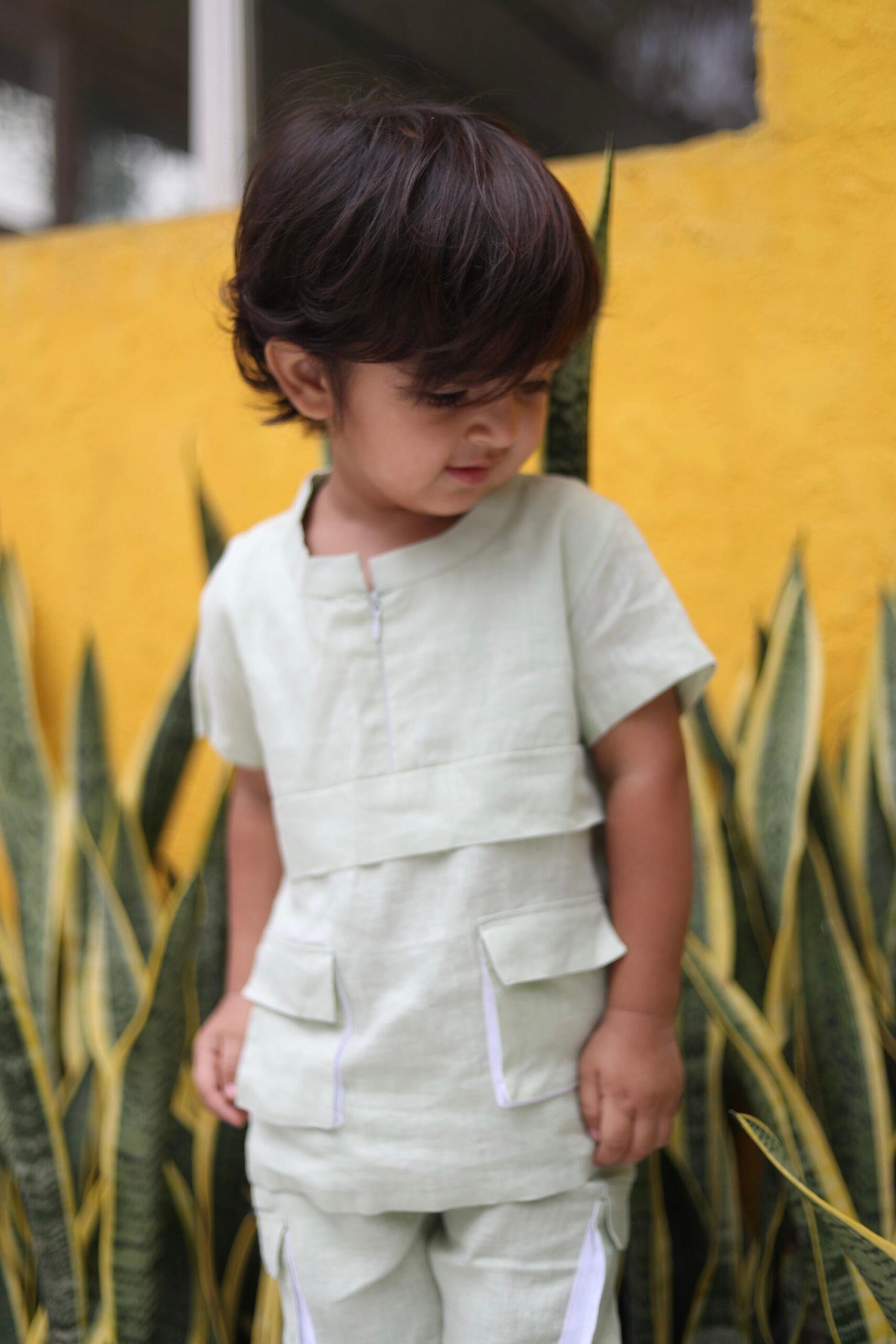 Box Pleated Pure Linen Premium Co-ords - Green - Funny Bones Clothings