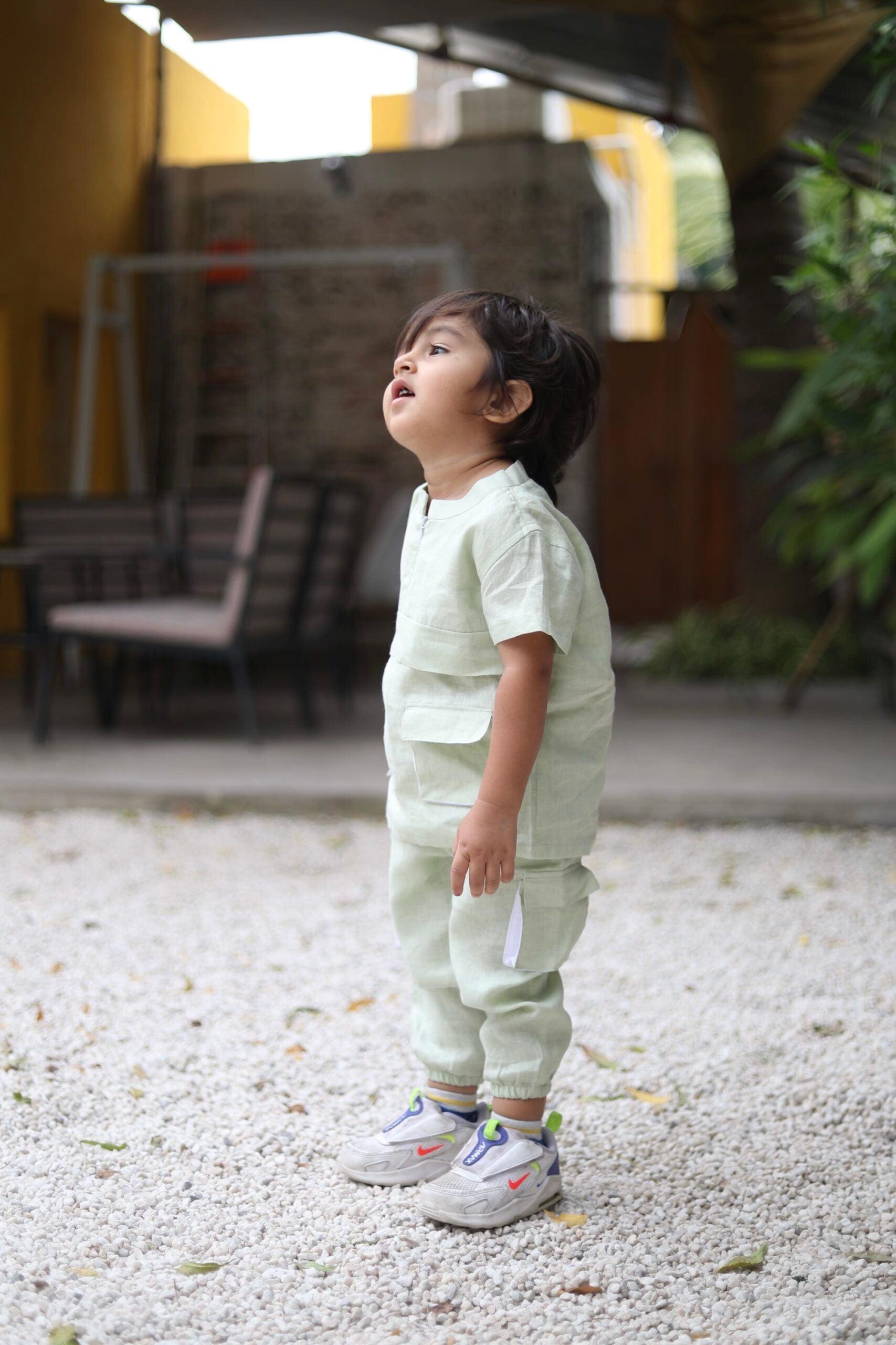 Box Pleated Pure Linen Premium Co-ords - Green - Funny Bones Clothings