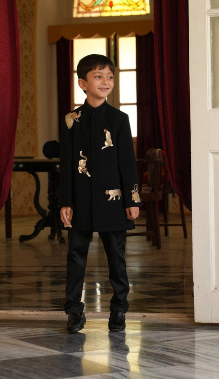 FunnyBones Black Achkan with Beaded Wildlife – black achkan with hand-beaded big cats, view 11